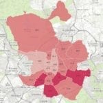 Mapa de los m2 por habitante en los distritos de Madrid