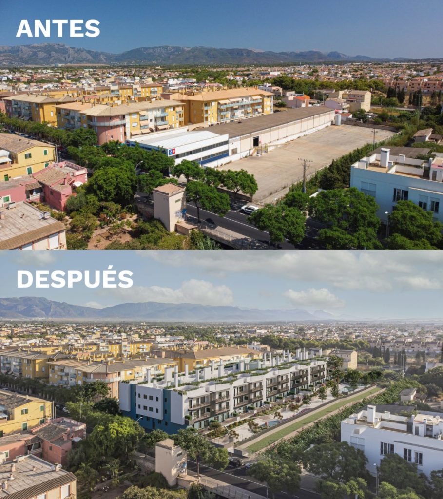 Nave de Pepsi-Cola y Residencial Natyre (Mallorca), antes y después de la reconversión de Aedas Homes.